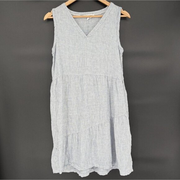 Lucky Brand 100% Linen Striped Sleeveless Tiered Dress S Blue White Sundress - Picture 1 of 7